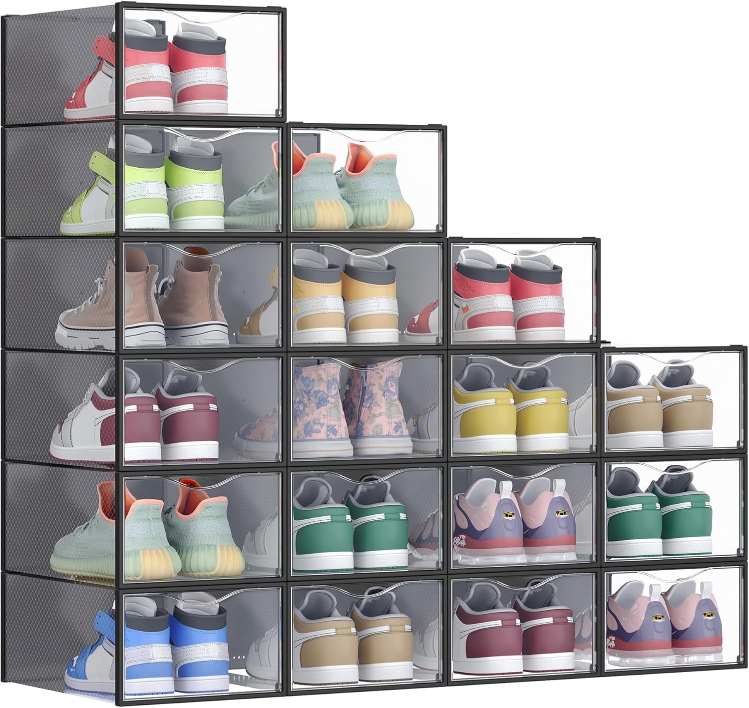 SONGMICS Shoe Boxes, Shoe Storage Organizers Rack for Closet, Plastic Stackable Sneaker Containers Case, 18 Pack, Transparent and Ink Black ULSP318B01
